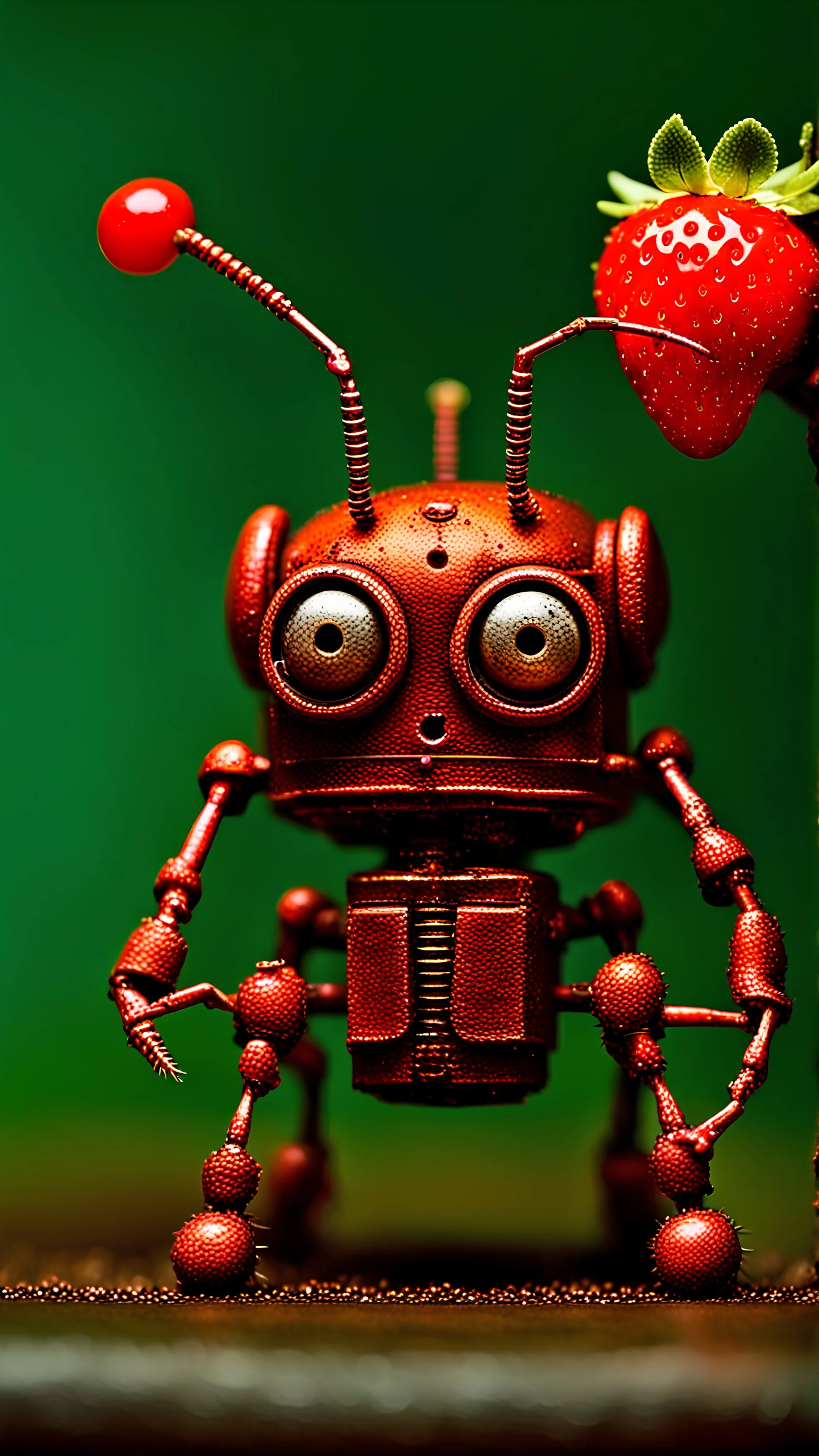 "A detailed macro photograph of a tiny rusty, mechanical ant robot, its metallic body weathered and worn. The robot intricately carries a massive bitten strawberry, the bright red fruit contrasting with the dark, rusty hues of the ant. The strawberry's texture is detailed, showing seeds, juice, and the bitten section. The background is a simple, everyday environment with natural lighting, enhancing focus on the robotic ant and strawberry. Colors: black, red, and brown."