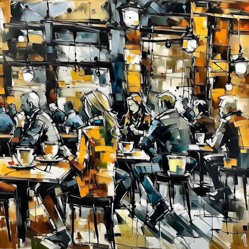 Abstract painting people in coffee shop