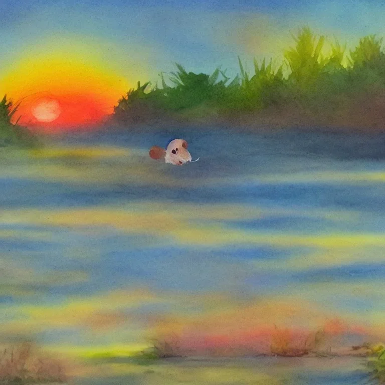 white Field mouse mountains drinking water at sunrise water color vibrant cute