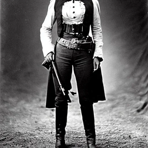 sepia photo of female western outlaw wearing holster with guns around waist and belts with rows of bullets criss-cross her chest, 1800s, 8k, character creation, fullshot, high-quality, ultra-fine detail, Brian Froud, Howard Lyon, Alfredo Rodriguez, Jack Sorenson, G. Harvey, Annie Stokes, Lilyan Tashman, Lousie Klement, Greg Rutowski