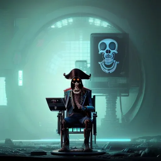 a cyberpunk hacker pirate captain skeleton with a pirate hat sitting in front of a huge old crt monitor in a dark room holding a beer, only light coming from crt monitor, highly detailed, intricate, digital art, trending on artstation, trending on cgsociety, by greg rutkowski