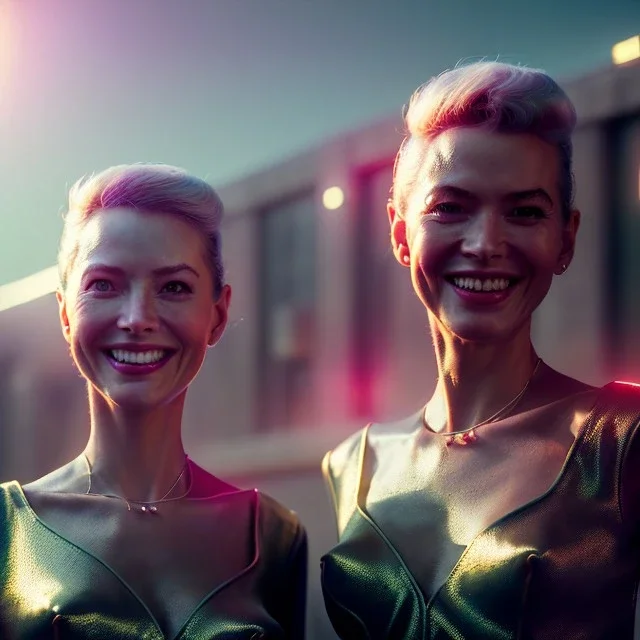 Ultra Realistic scene, retro futuristic style, 1960 fashion sci-fi. 2 Women, smile, happy. highly detailed, concept art, unreal engine 5, ray tracing, RTX, lumen lighting, ultra detail, volumetric lighting, 3d, finely drawn, high definition, high resolution.