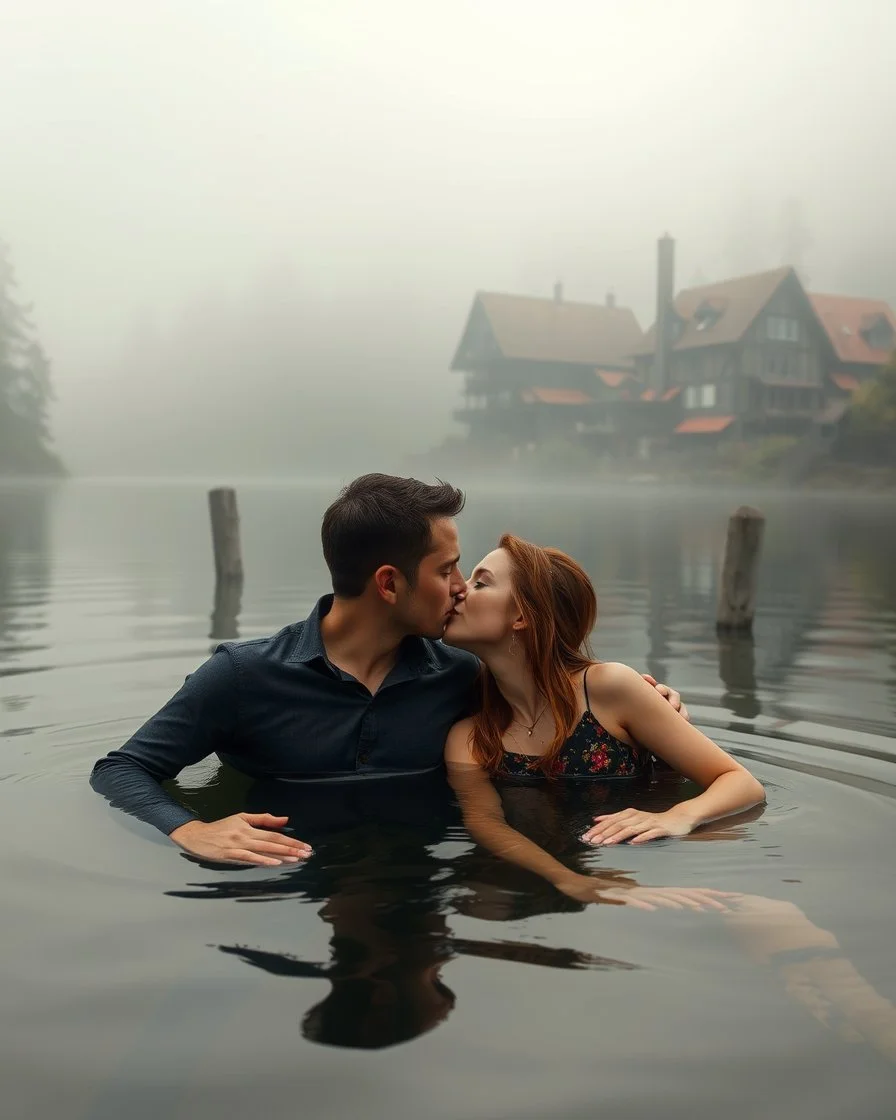 Portrait Romantic European couple swimming kissing together in lake Wonderful landscape fantasy early morning heavy fog photography art Rivendell village,lake,magical forest and houses,beautiful mushrooms,roses flowers,little waterfall,lake,close up photo beautiful romance couples on swimming together in lake