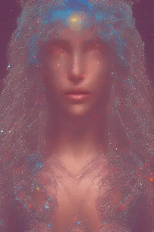 Sasha Luss with a VR headset face transforming into generative art chrome water and glow blue intense red rainbow sky