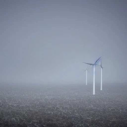 Thousands vertical wind turbines. Heavy cold rain. Thunderstorm. An engineer looking up. Futuristic scenary. Gray mist.