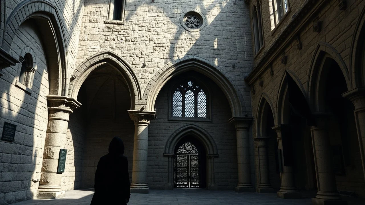 Mysterious Romanesque architecture with semicircular arches, thick stone walls, small windows and barrel vaults. Observed by an enigmatic character