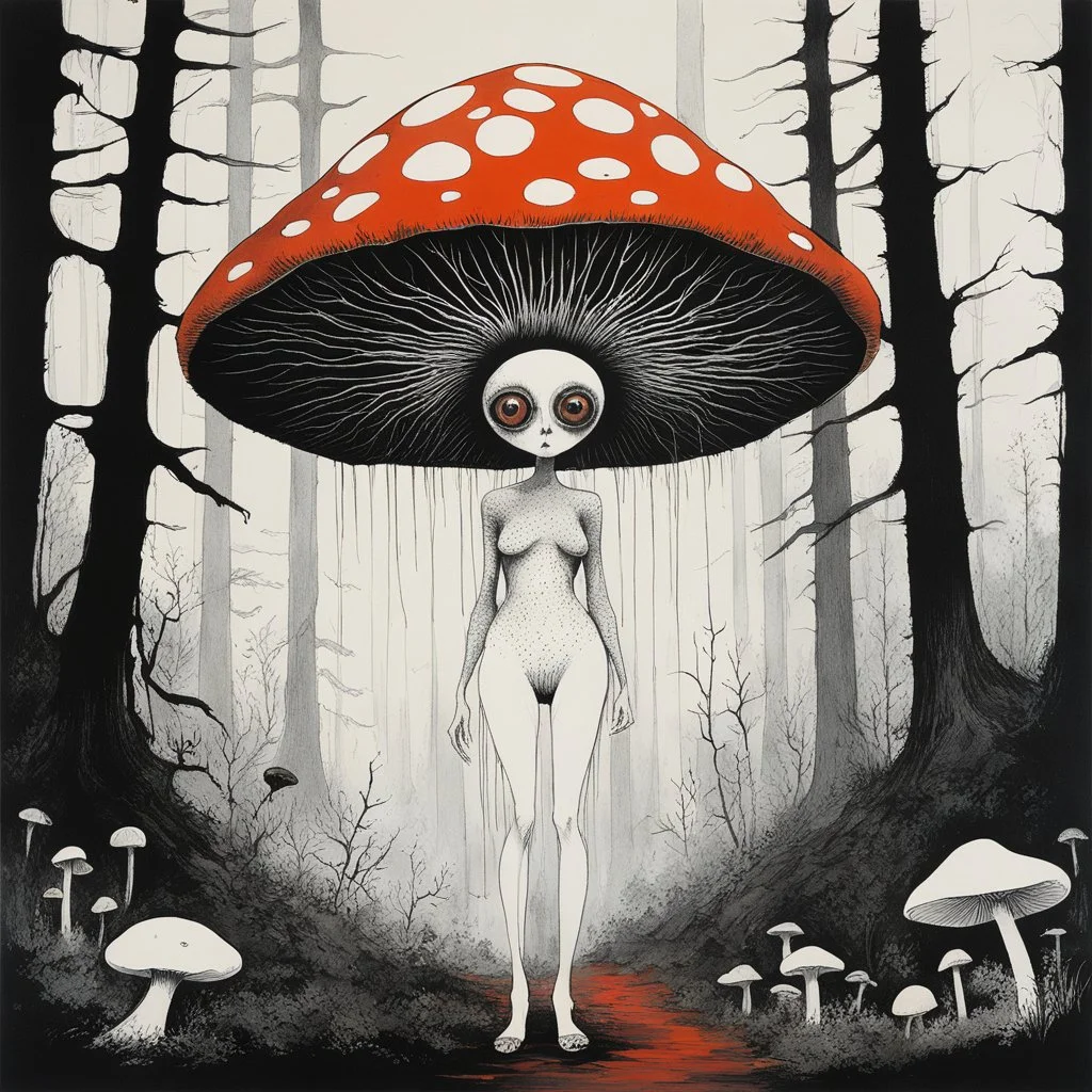 [art by Ralph Steadman] In the heart of a dark and spooky forest, a woman with big eyes, her head enclosed in a giant mushroom cap, stands trembling. She is clad in a full-body mushroom symbiote suit made of white mycelium, blending seamlessly with the eerie surroundings. Surrounding her are several giant mushrooms, their shapes resembling women, casting long, haunting shadows in the dim light of the forest. The woman's eyes dart nervously from one mushroom figure to another, their silent presen