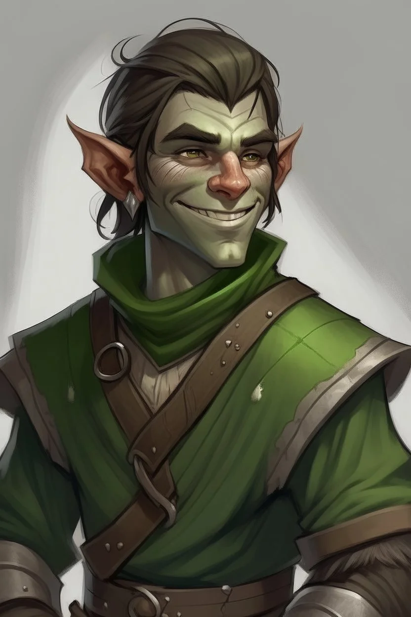 half orc twenty one year old male wearing gray and green rogue clothing, mischievous and smiling