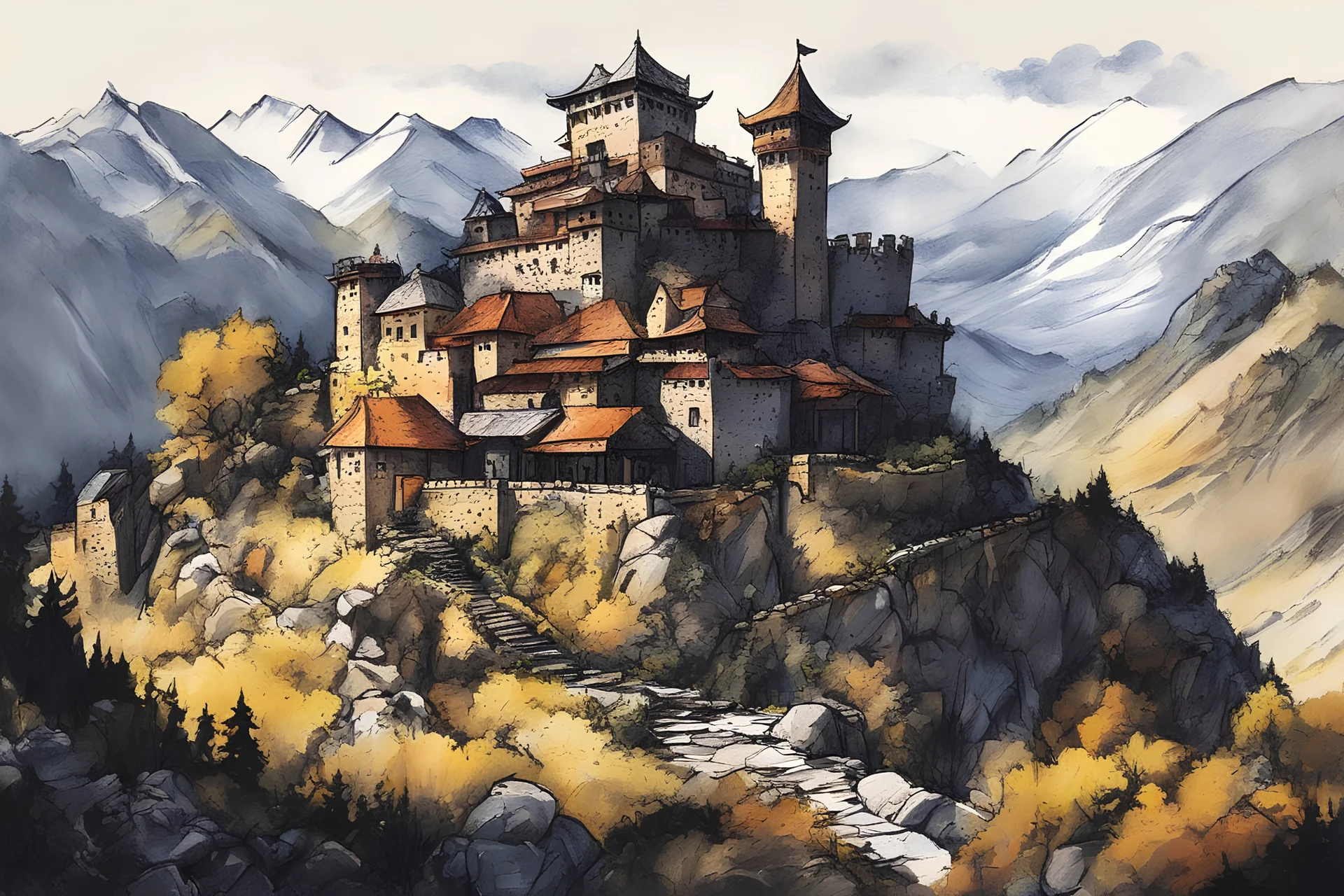 ancient fortified mountain fortress in the style of traditional illustration, drawn with oil markers, rough sketch, industrial design