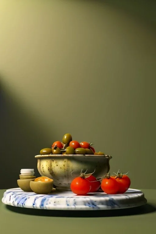 renaissance style still life composite, dish of Raviolis with natural tomato, albahaca, olives, olive oil. moisture, art, natural, ornaments, ceramic, marble, high kitchen, smooth, god rays, unreal engine 5, ray tracing, RTX, lumen lighting, ultra detail, volumetric lighting, 3d.