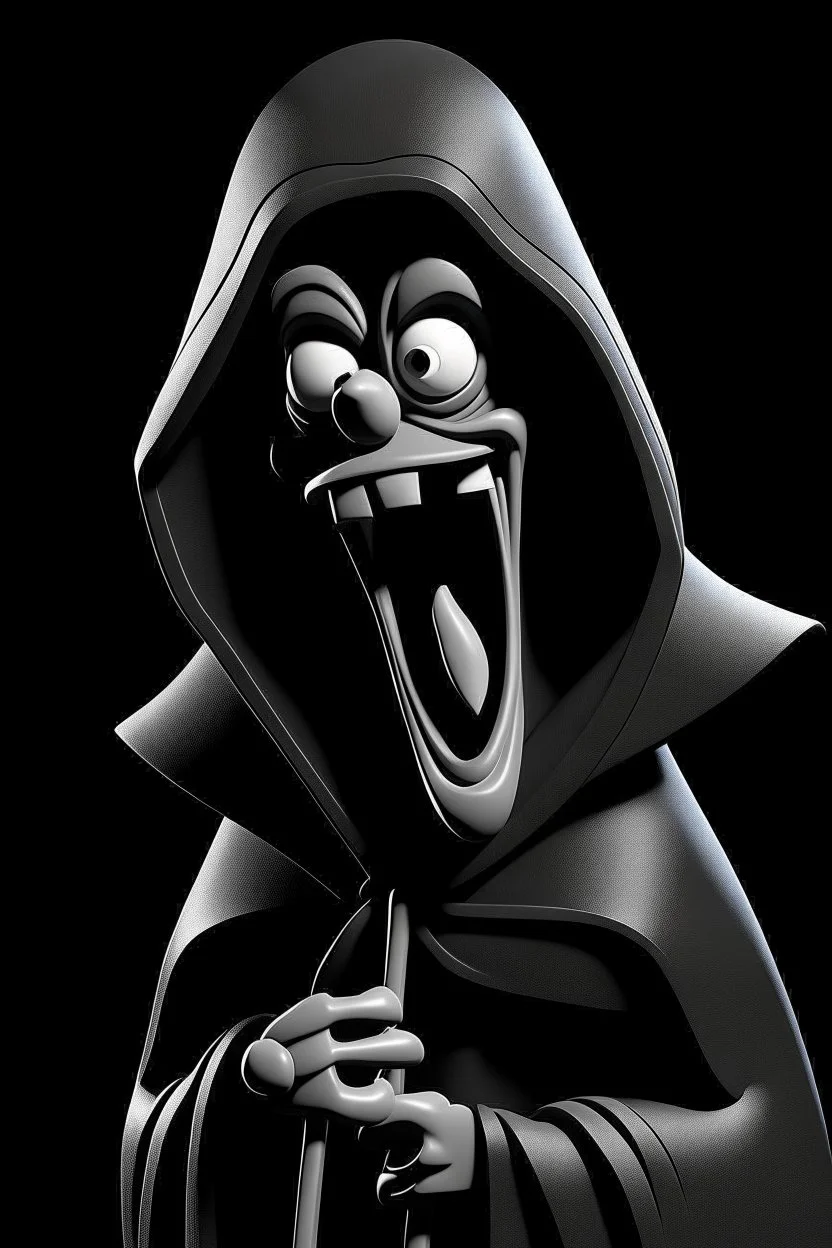 1950s goofy character with skull face wearing a black hooded cloak, drawn in a early animation rubber hose animation style, inside a diamond shape on a black background, monochromatic