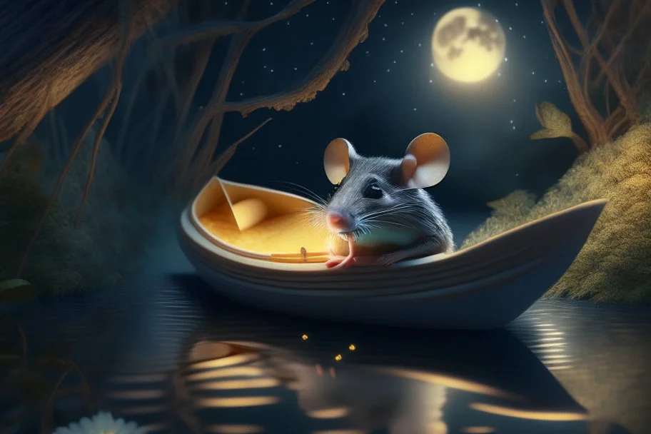 portrait of handsome mouse in cheese boat, in moonlit forest by stream, book illustration, fine detail, 4k, trending, volumetric light, depth of field