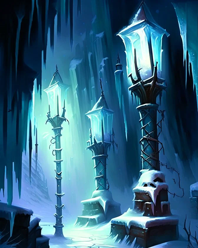 ice dungeon with lamp posts fantasy rpg art painterly