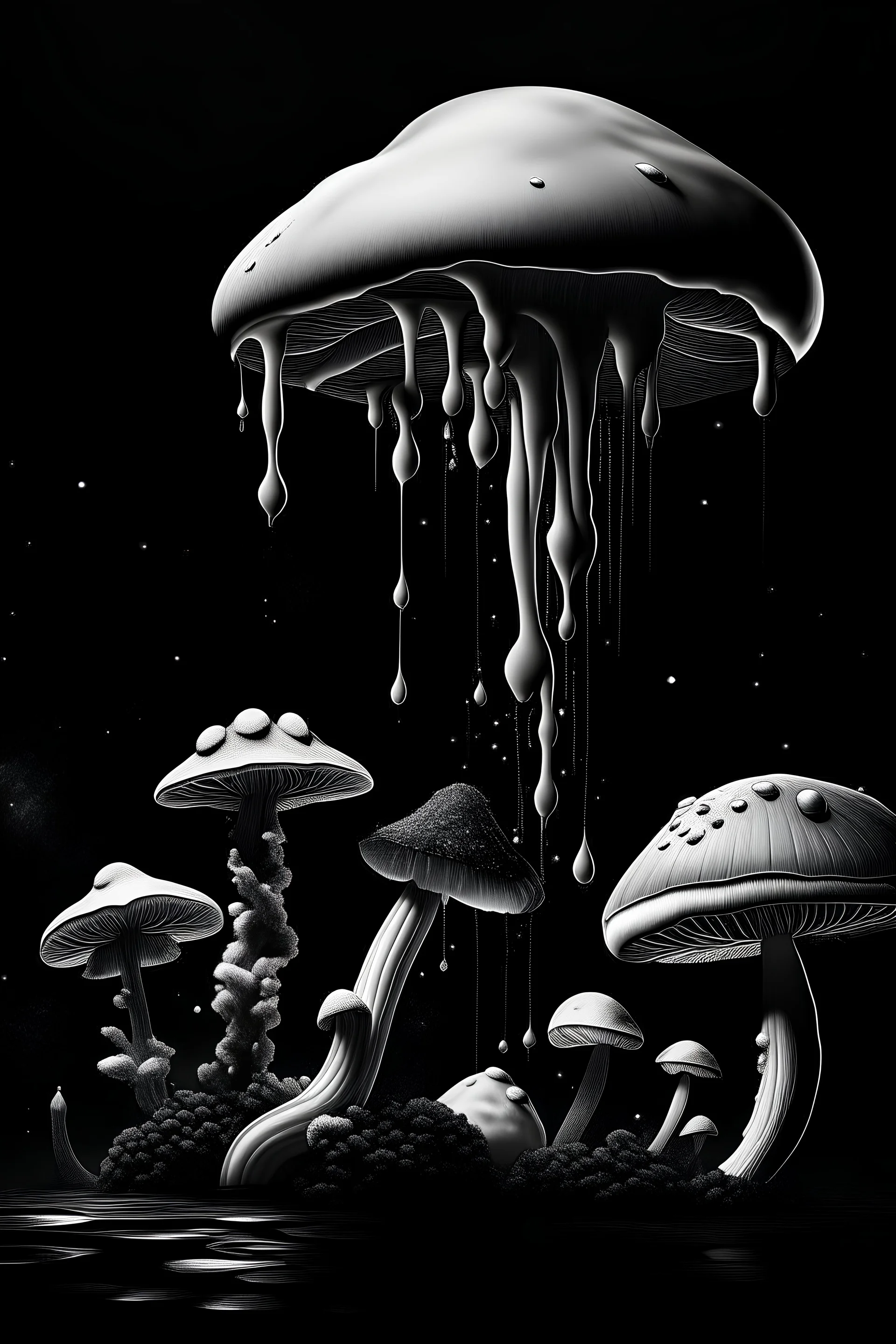 black and white image of mushrooms dripping off of wax in outer space