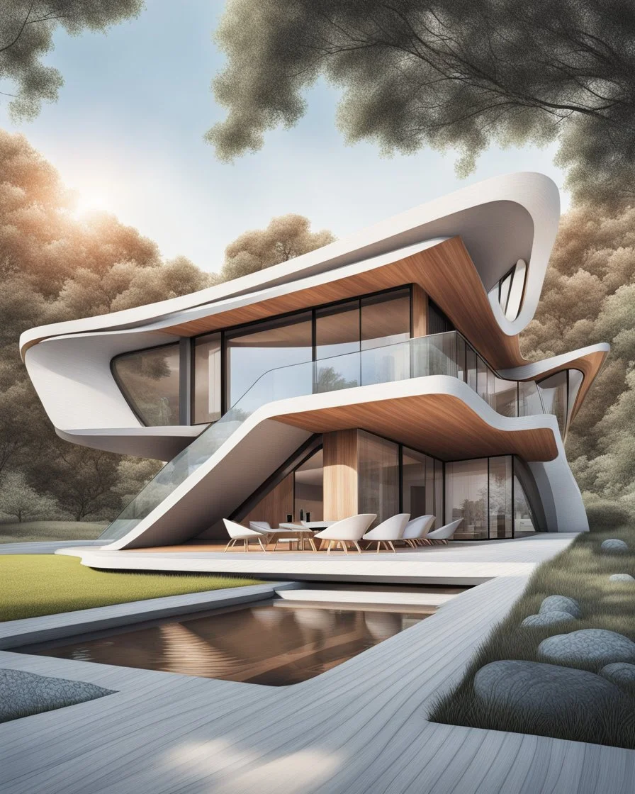 Casa campestre arquitectura Zaha Hadid Estilo de dibujo a lápiz de color, calidad ultra hiperdetallado, arte digital, 3D 8k, clima de verano