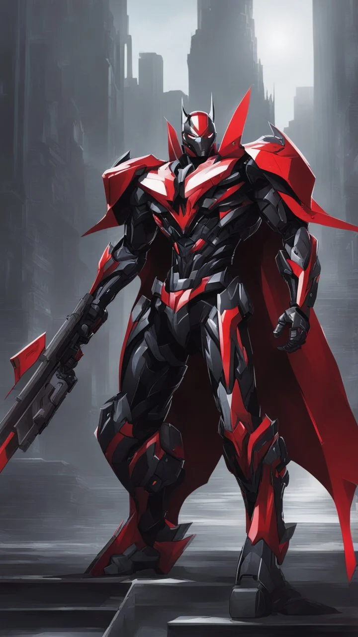 A close picture to Mix between symbiote and machine and batman in transformers cyborg with black metal and red details armor in solo leveling shadow art style with red details detailsis in fantasy world