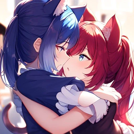 Clear Focus, High resolution, wearing a maid uniform, fluffy hair and a long ponytail, blue hair, cat ears, meowing, hugging another girl with red long fluffy hair also wearing a maid outfit, looking at you