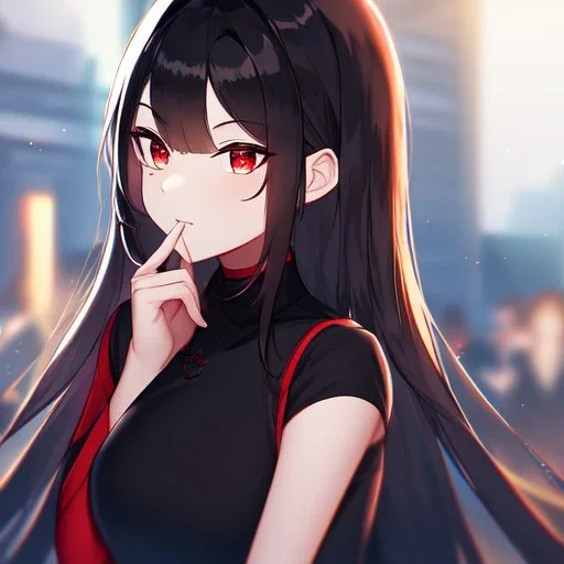 Clear focus,High resolution, black long hair, Vibrant red eyes, Emo style, Black skirt, wearing a black shirt sleeveless, Wearing black and red cutsleeves, Hand near chin