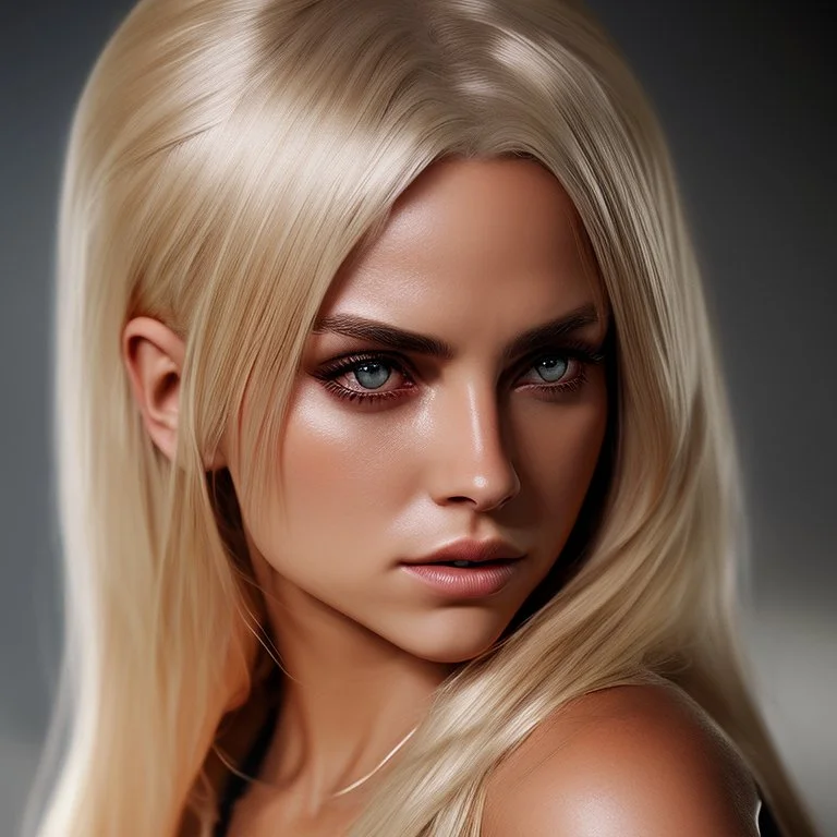 Photorealistic headshot of a fierce blonde assasin