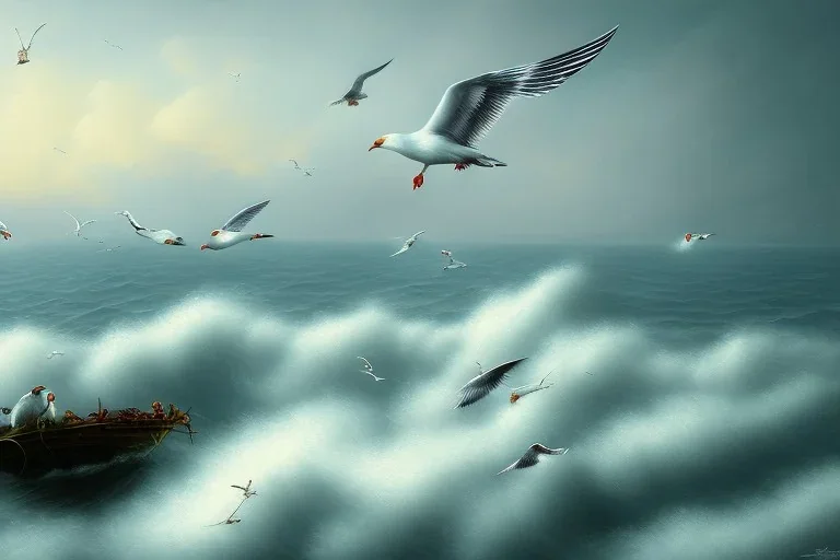 seagulls flying over the sea in the evening, oil painting deviant art wallpaper