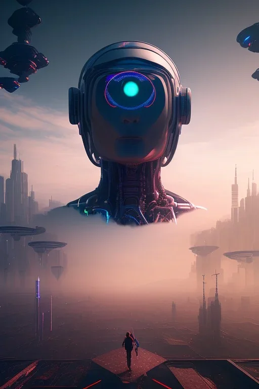 projection of an AI head hovering over an cyberpunk landscape in the distance, a small human walking towards the head, high quality, 4k resolution, high details