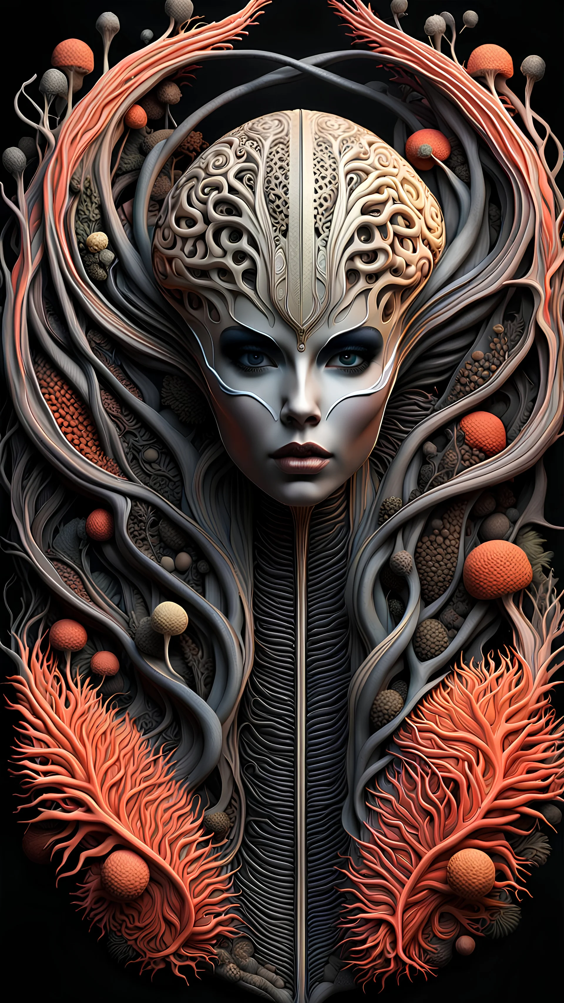 3D rendering of Expressively detailed and intricate of a hyperrealistic “HR Giger Dune”: Dune movie inspired, fetus, symmetric, vines cable, scientific, single object, vivid colour, coral, fungi, black background, cosmic fractals, octane render, 8k post-production, dendritic, artstation: award-winning: professional portrait: atmospheric: commanding: fantastical: clarity: 16k: ultra quality: striking: brilliance: stunning colors: amazing depth