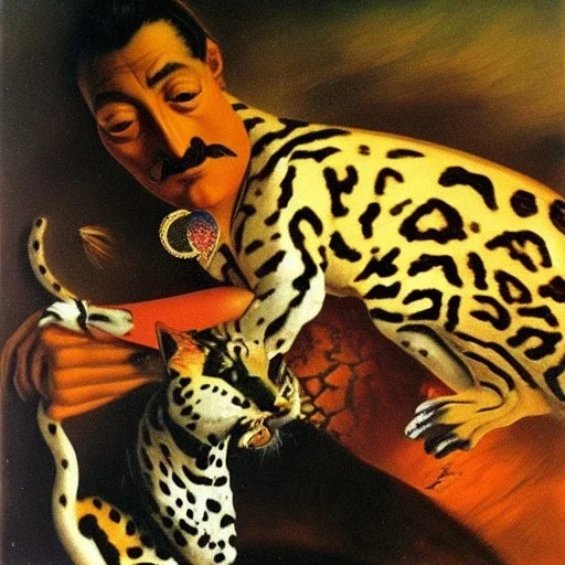 Salvador Dali with his pet ocelot Babou , hypperealism , surrealism , outlandish painting , extreme painting , high definition , high detailed, vivid deep colours, complex ,oil on canvas ,16k, focus, close up, fantasy view , a masterpiece by Salvador Dali himself