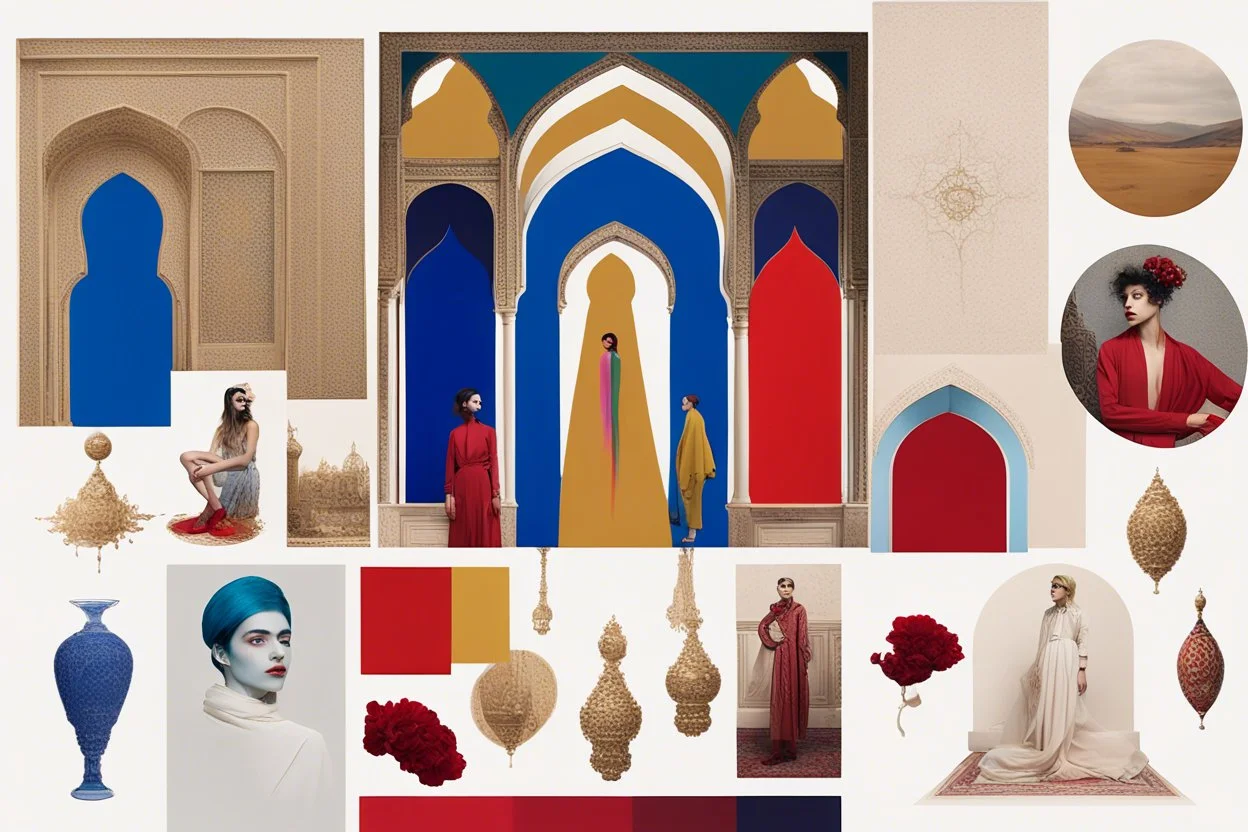 Design a mood board titled "The Future of LGBTQ+ Community in French and Iranian Cultures through a Surreal Lens." Combine elements from both cultures (Parisian architecture, Persian art, Qajar era symbols) with LGBTQ+ themes of identity and freedom. Use surrealist styles like floating objects and dreamlike visuals. The color palette should mix rich Persian hues (red, blue, gold) with vibrant modern shades (pink, purple, neon). The mood should be bold, visionary, and thought-provoking, merging p