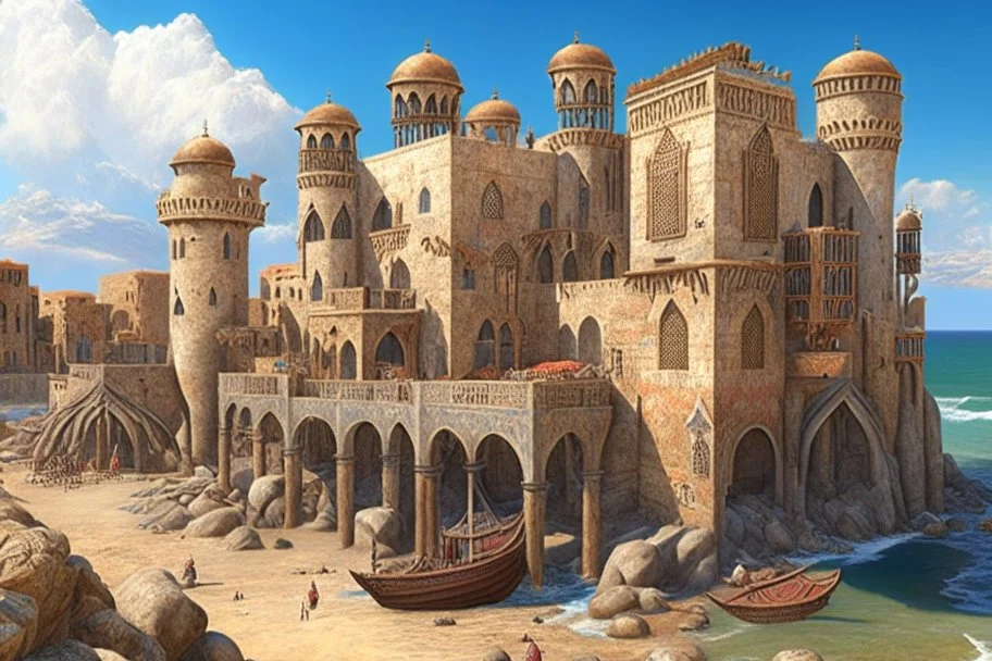 image taken of jaffa, by the sea shore, old stunning buildings, 4k, masterpice, award wining picture, realistic, higly detailed, in style of city of numemor from lord of the rings,