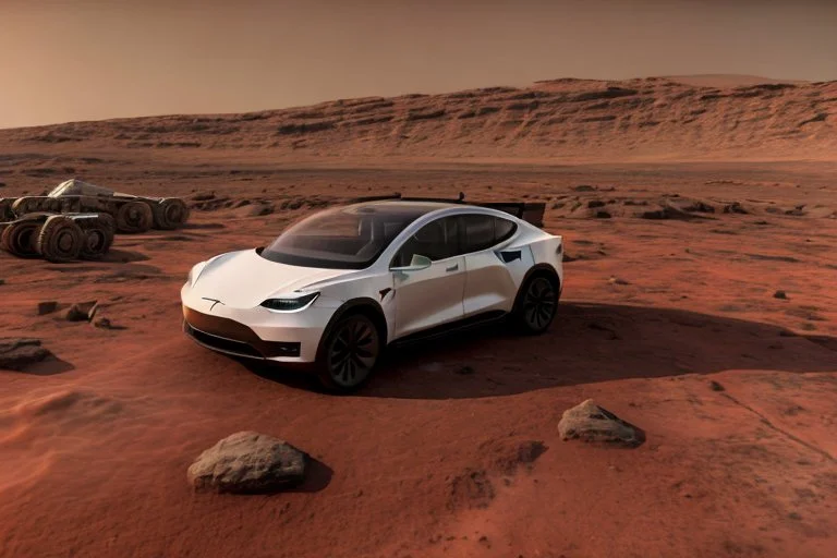 A Tesla 'Semi' (semi truck) is parked, at the Cydonia region on Mars. (CINEMATIC, WIDE ANGLE LENS, PHOTO REAL)