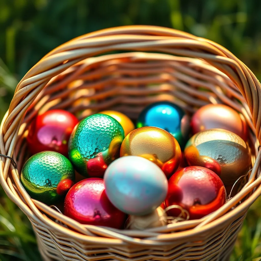 digital photograph — off-center modern wicker basket holds Easter eggs in vibrant azure, emerald, blush, crimson, gold, sapphire, and metallic tones. Each egg's glossy surface reflects intricate dimpled textures under dramatic cinematic HDR backlighting, emphasizing subtle sheen contrasts. Shallow depth of field softens sunlit background in hyperrealistic 8k clarity.