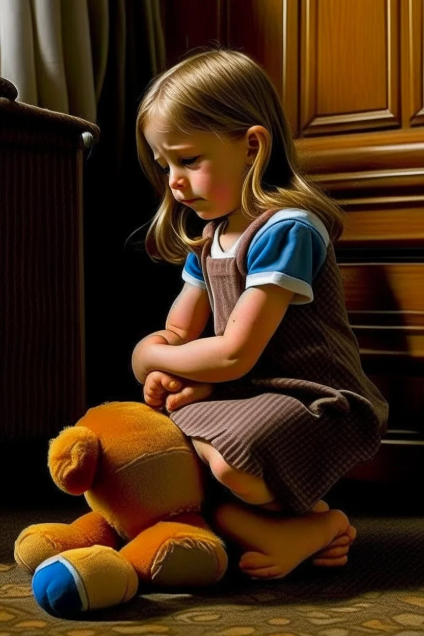 side view to palestinian little girl looking at her toy with tears and Destroyed buildings in the background