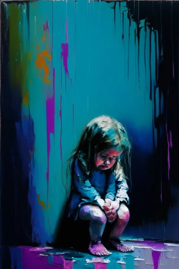 Abstract painting of a Little girl sitting in a corner with her head between her legs crying