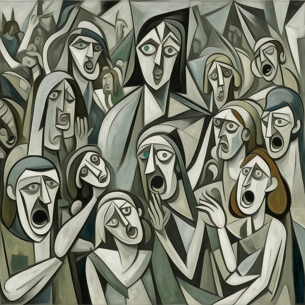 piccasso crowd people cubism screaming gray woman and child