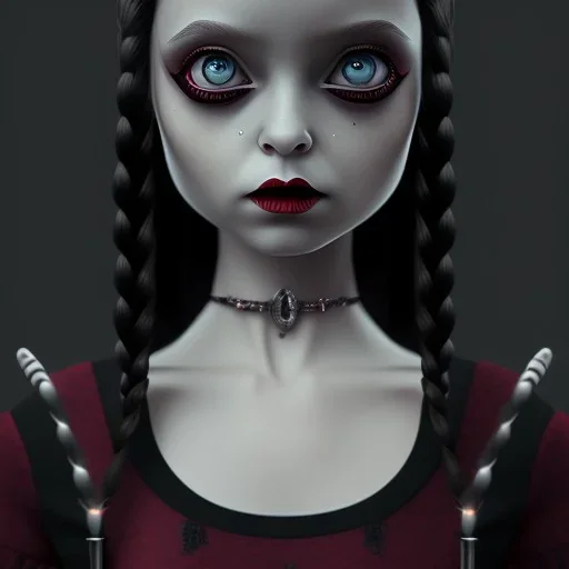 wednesday addams from jenna ortega, wednesday addams hair, wednesday addams make up, wednesday addams black dress, cinematic, hyper detail, 8k resulation