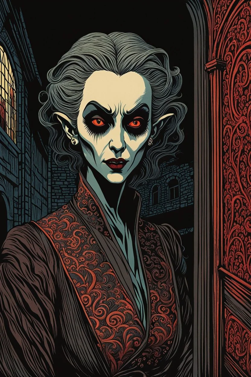 museum quality color woodcut of a sewer dwelling Nosferatu vagabond female vampire with highly detailed hair and facial features , in the style of Gustave Baumann, with a fine art , graphic novel aesthetic, highly detailed, finely cut ,8k render,