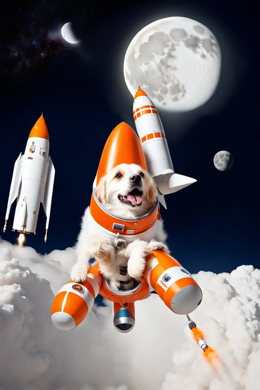 white and orange dog flies to the moon top of the a rocket