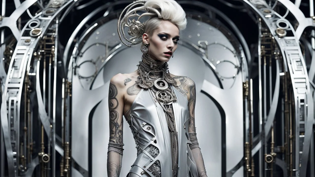 Futuristic steampunk fashion editorial, subtle rococo influences, a slender androgynous model with a pale face, silver abstract nonfigurative tattoos flowing across the face and neck, dark silver and off-white color palette. Wearing an extraordinary long sculptural dress layered over glossy metallic leggings, intricate futuristic steampunk details, elegant mechanical ornaments. Elaborate headpiece combining a decorative hair ornament, rococo hat and futuristic half helmet