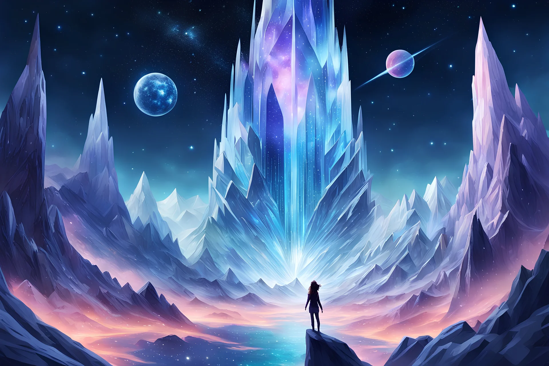 Create an image of daring climb up the Crystal Peaks, surrounded by towering crystals that reflect the starry skies above, as she nears the realm of the elusive Starweaver with vessels in the sky
