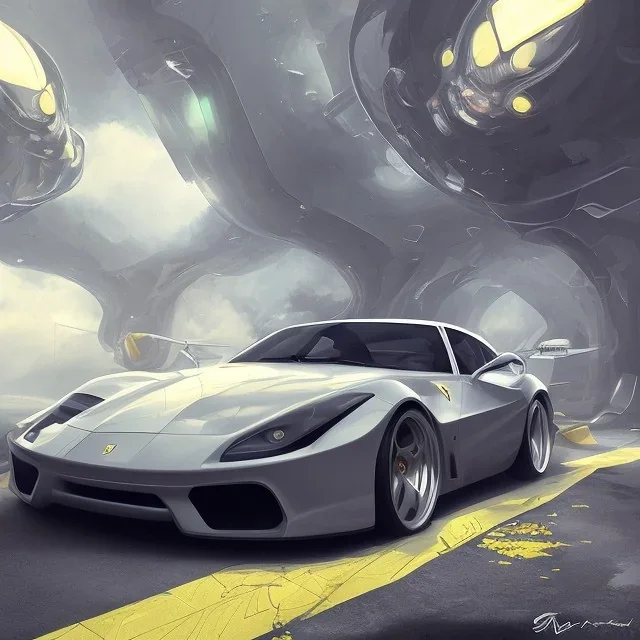 Ferrari blanche, dans un nuage de fleur, concept art, réaliste, synthwave