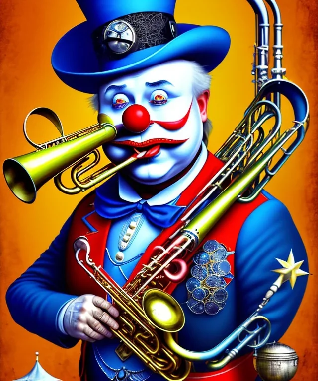 mechanoid happy old friendly fat clown with trimmed beard playing jazz with a steampunk theme, trumpet, realistic