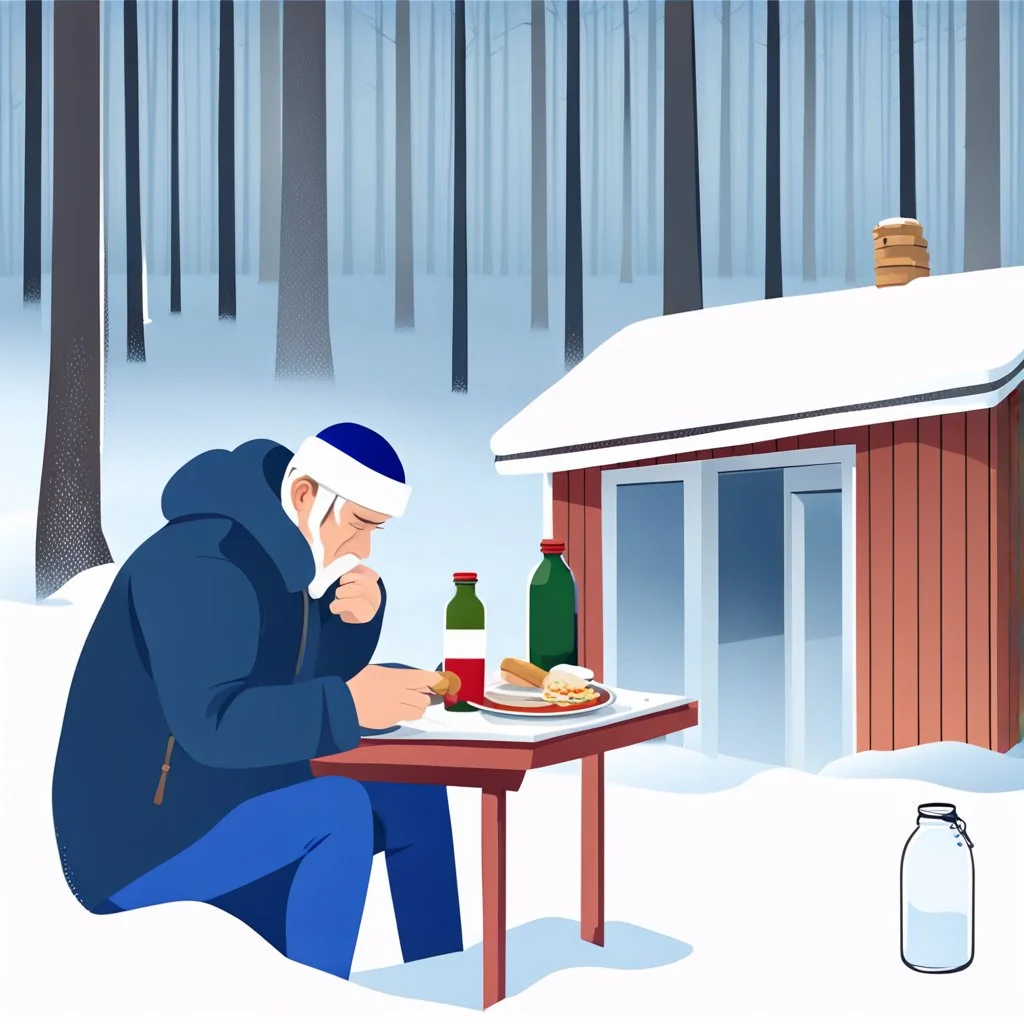 a sad Finnish man without food on his plate, outside his house in the forest, Winter, snow, very cold, Finnish flag down at half way up, Finnish flag, a bottle of Koskenkorva in his hand, knifes and sauna