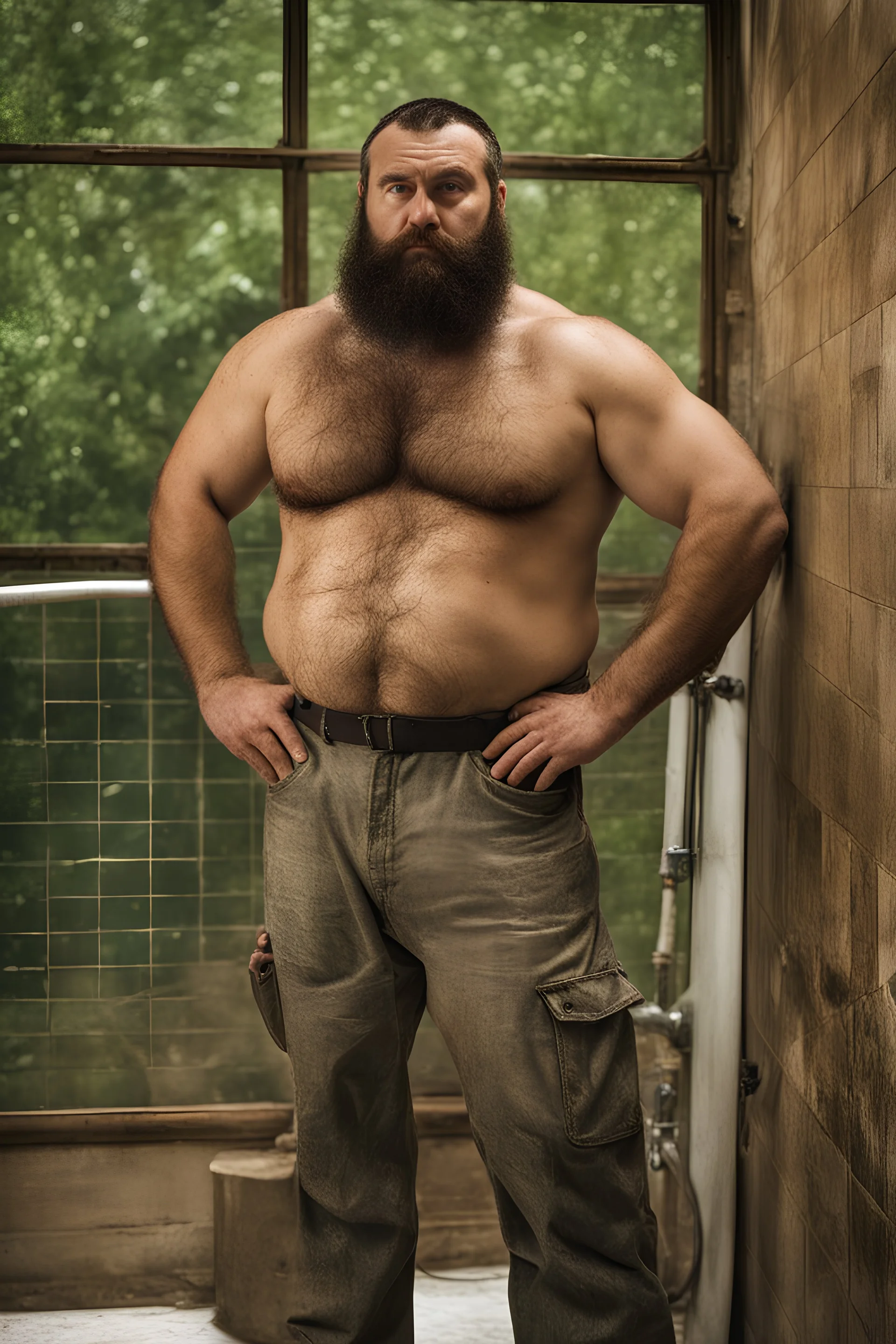 full figure photo, two burly big chubby sicilian plumber, dirty, ripped overalls, 33 years old, crossed arms, shaved, long beard, manly chest, very virile, hairy, manly arms, ugly, big thighs, under the shower, sunlight , photorealistic, 35mm lens, ultra detailed