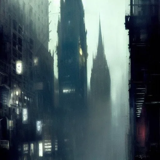  Gotham city, Neogothic architecture by Jeremy mann, point perspective,