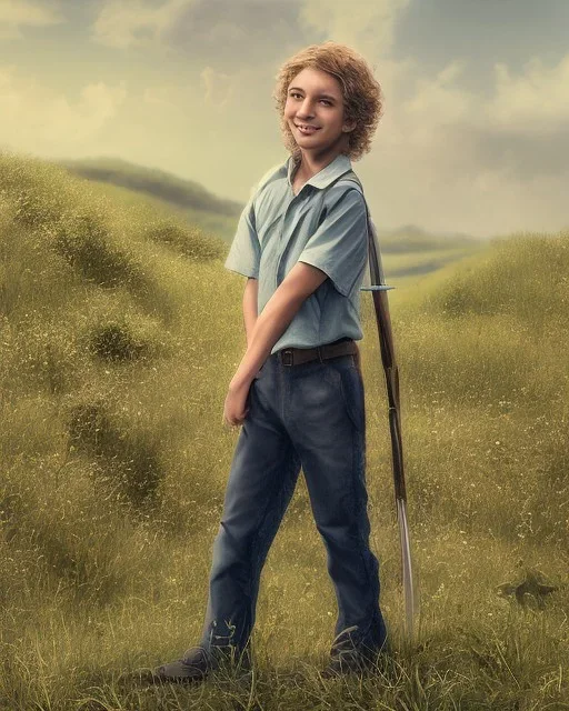 full length photograph of a beautiful 12 year old boy with long, blonde curly hair and light blue eyes, smiling, standing on a green hill in summer, highly detailed, smooth, photorealistic, digital art, HDR