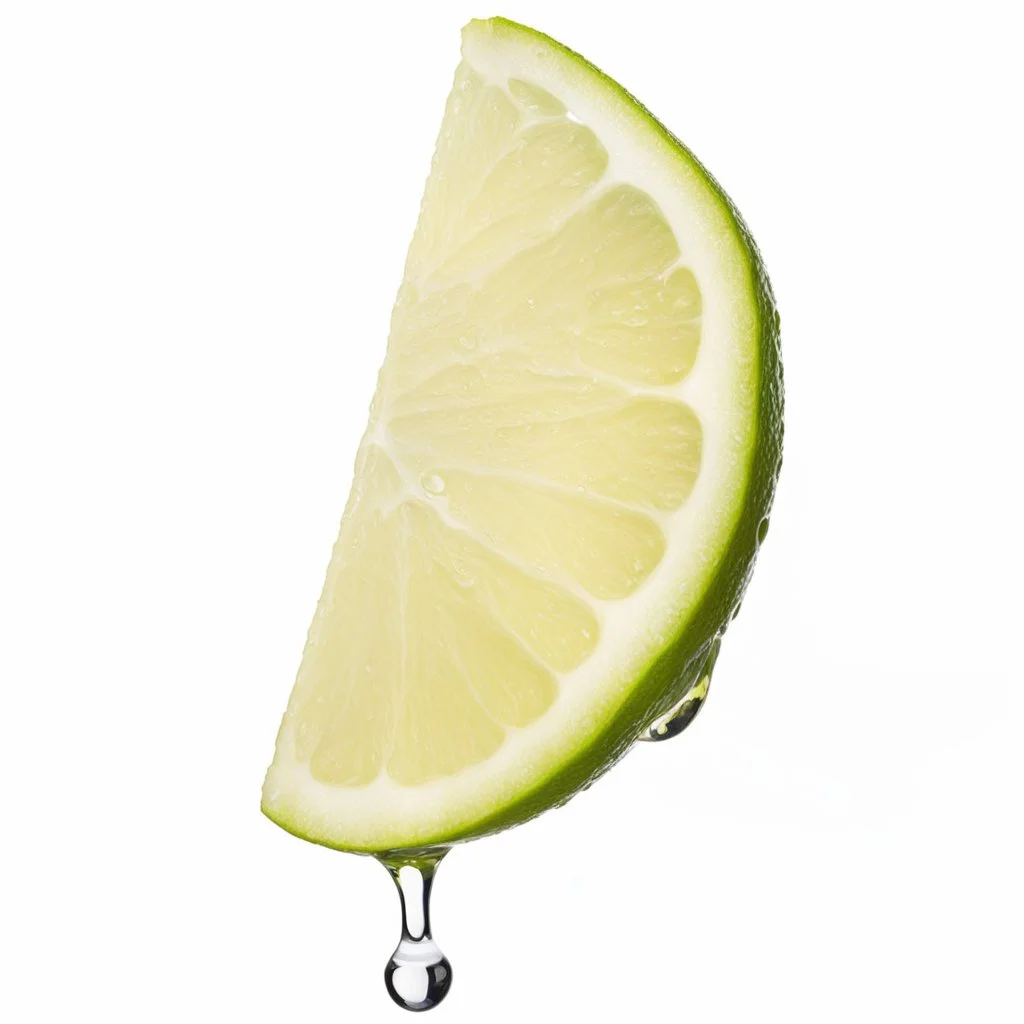 floating Lime wedge dripping a single droplet, side view photographic