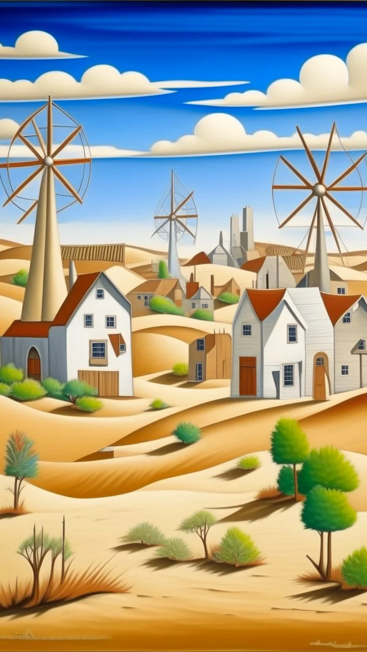 A white windy village with windmills designed in Navajo baskets painted by Grant Wood
