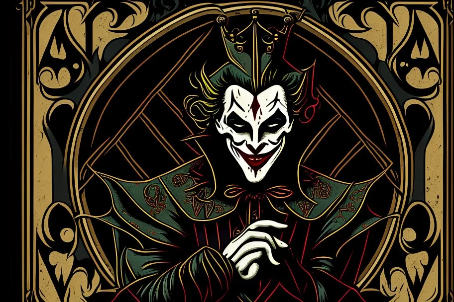 Stylized Medieval European joker, In the style of Tarot and Art Deco, black colours