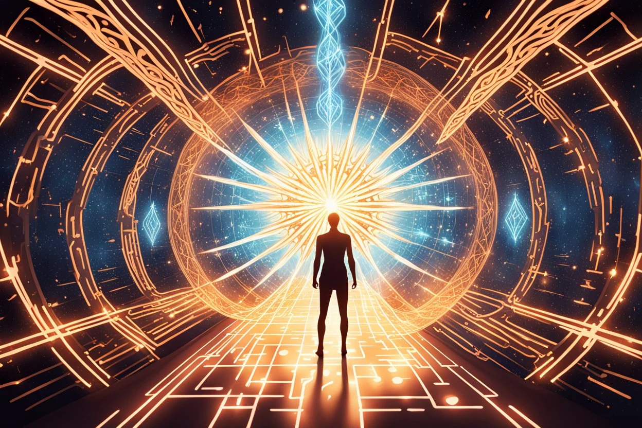 inside a spaceship with a celestial being, a being of pure energy, radiating light and taking a form with shifting constellations.