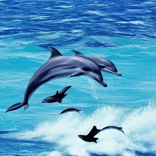 A surreal picture of an ocean scene where the Dolphins fly like bird's